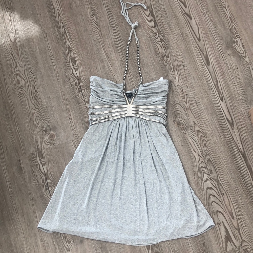 SKY Jeweled Halter Heather Gray Mini Dress, M